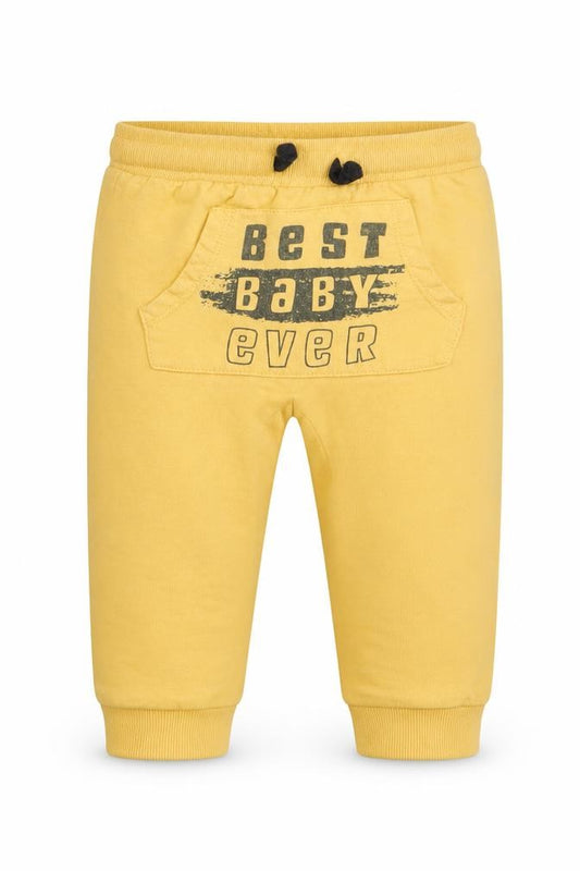 Front view of So cute boys’ yellow 100% cotton sweatpants leggings, size 12-18, months drawstring