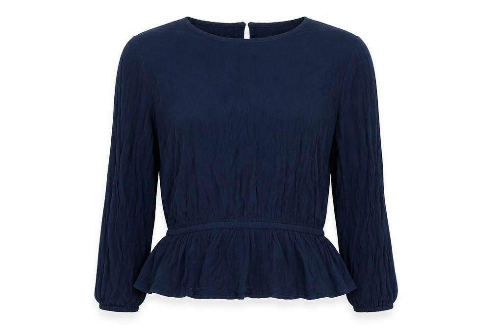 Front view of Marks & Spencer women’s blue viscose basic blouse, size UK 12, boat neck
