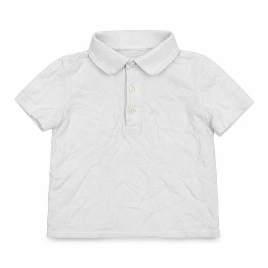 Front view of Dunnes boys’ white 100% cotton pullover polo, size 3-4, years collared button