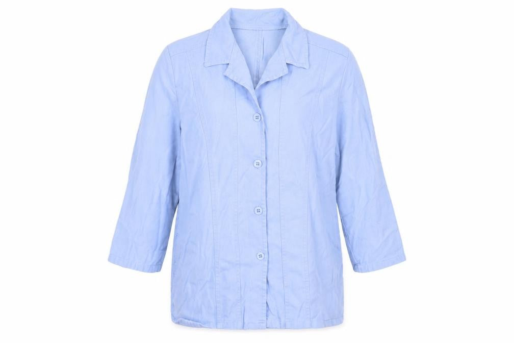 Front view of Pola Oy women’s blue jacket coat, size UK 14, button
