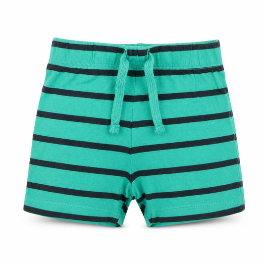 Front view of F&F boys’ green striped cotton cropped trousers, size 9-12, months