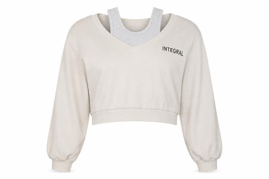 Front view of DAZY women’s beige polyester pullover sweatshirt, size XL, - cropped