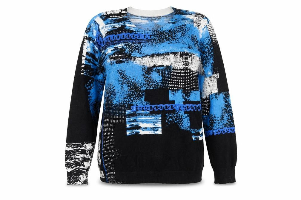 Front view of Gerard women’s blue crew neck geometric viscose jumper, size M