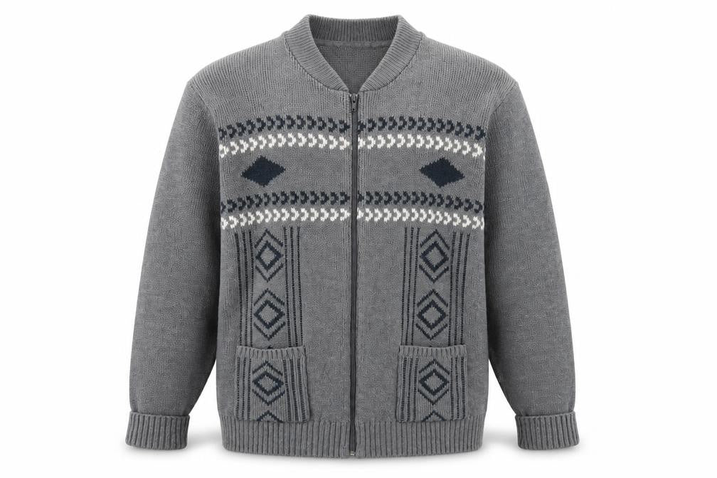 Premier Man Mens Grey Mock Neck Argyle/Diamond Acrylic Full Zip Jumper Size M