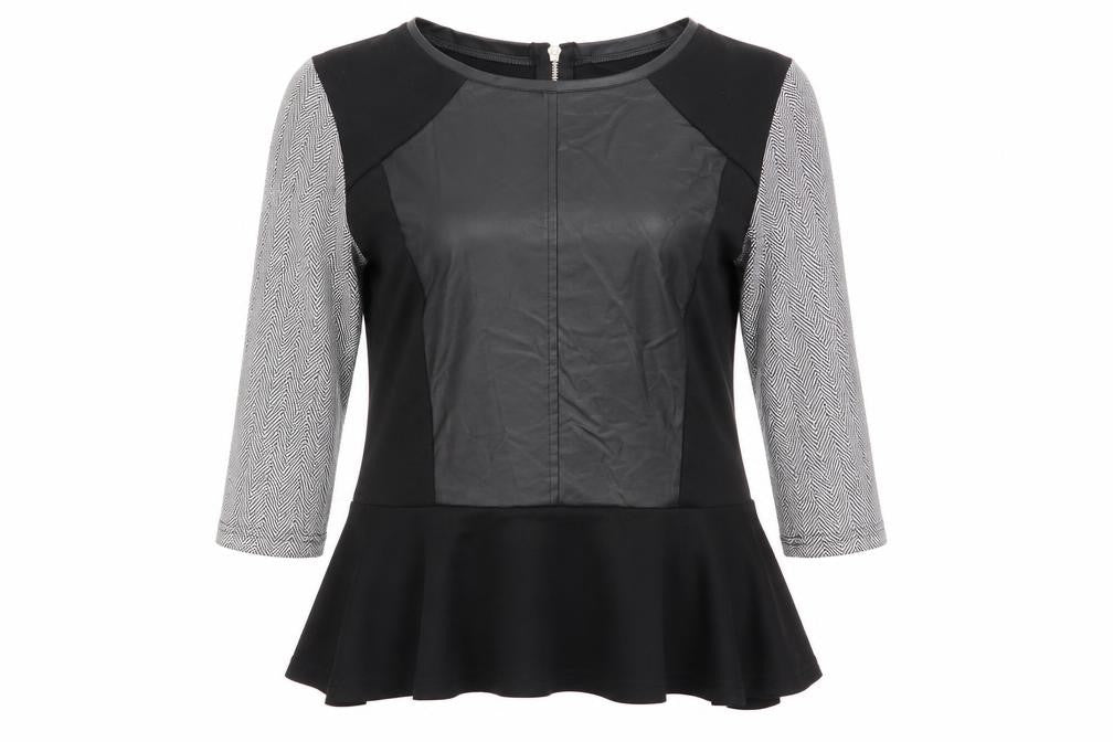 Front view of mystify women’s black herringbone polyester jersey blouse, size L, round neck