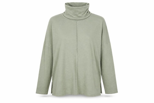 Front view of Primark women’s green roll neck polyester jumper, size UK 10
