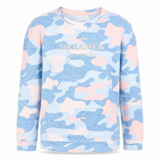 Front view of Dunnes girls’ blue camouflage polyester basic t-shirt, size 9-10, years crew neck - dreamer forever