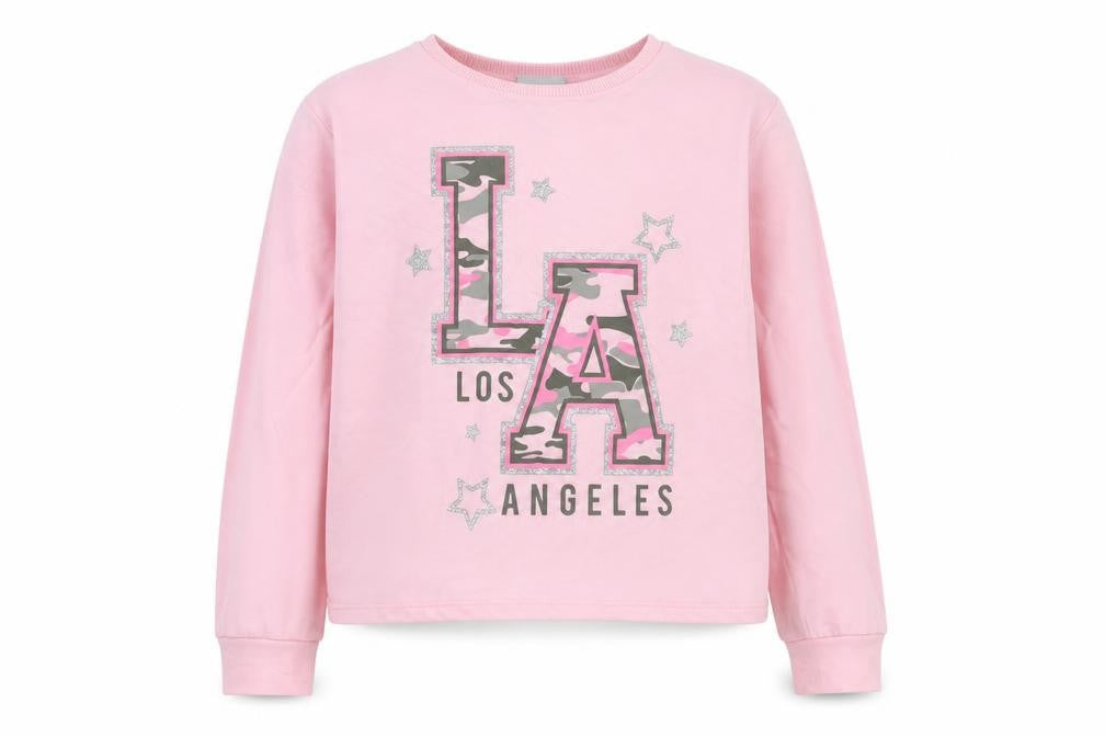 Front view of Matalan girls’ pink cotton pullover sweatshirt, size 8, years - cropped, la