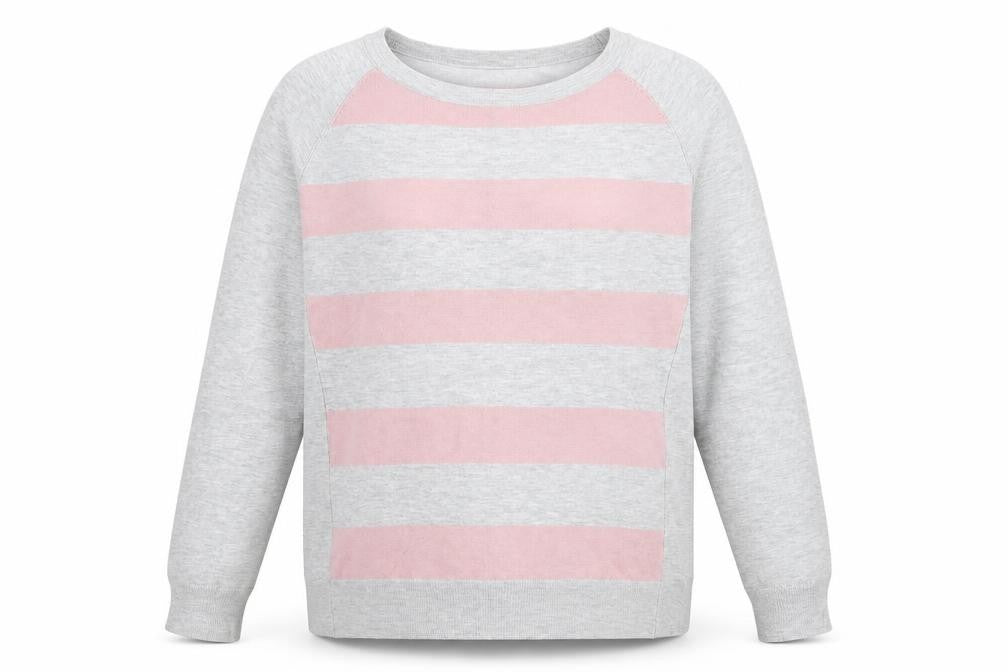 Front view of Gallery women’s grey round neck striped viscose jumper, size L