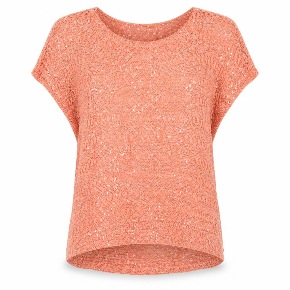 Front view of Quix women’s pink round neck acrylic jumper, size S