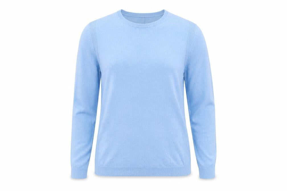 Front view of Marks & Spencer women’s blue crew neck acrylic jumper, size UK 14
