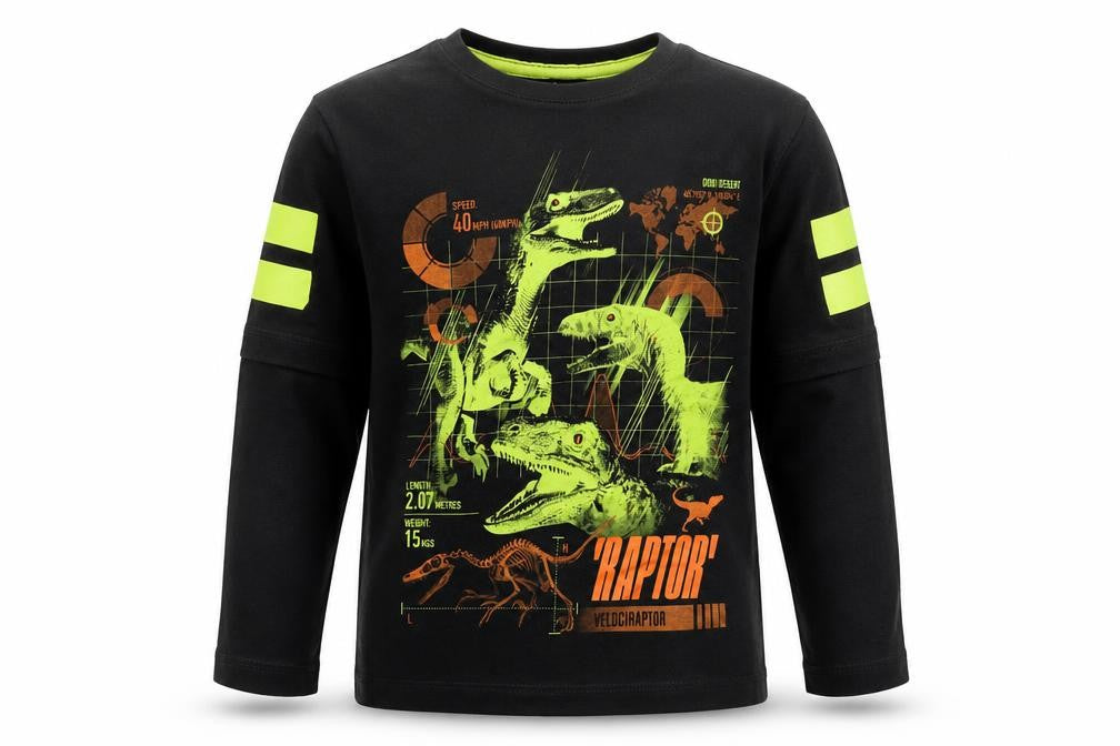 Front view of Level Up boys’ black cotton basic casual, size 7-8, years round neck pullover - dinasour