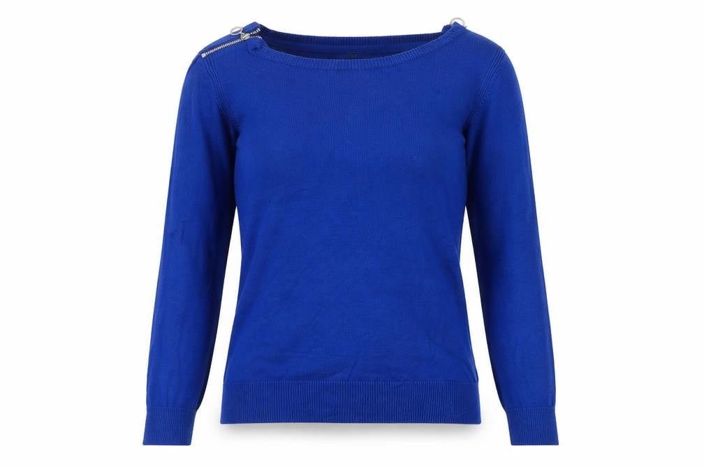 Front view of Pep&Co women’s blue crew neck viscose jumper, size UK 10