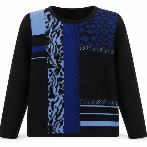 Casamia Womens Blue Crew Neck Geometric Acrylic Pullover Jumper Size S