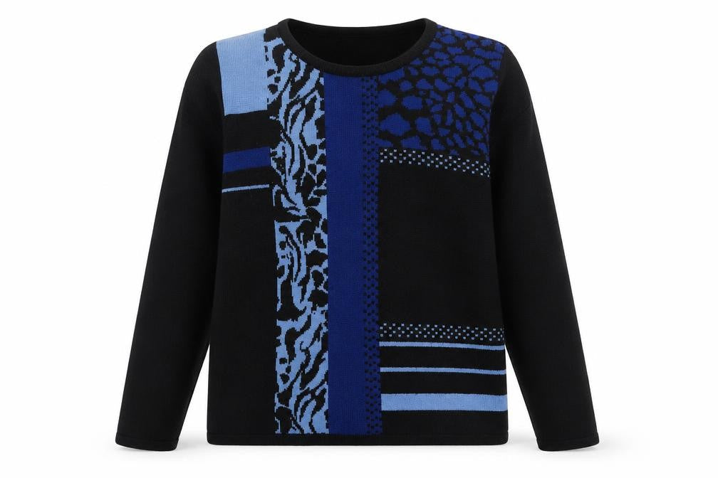 Casamia Womens Blue Crew Neck Geometric Acrylic Pullover Jumper Size S