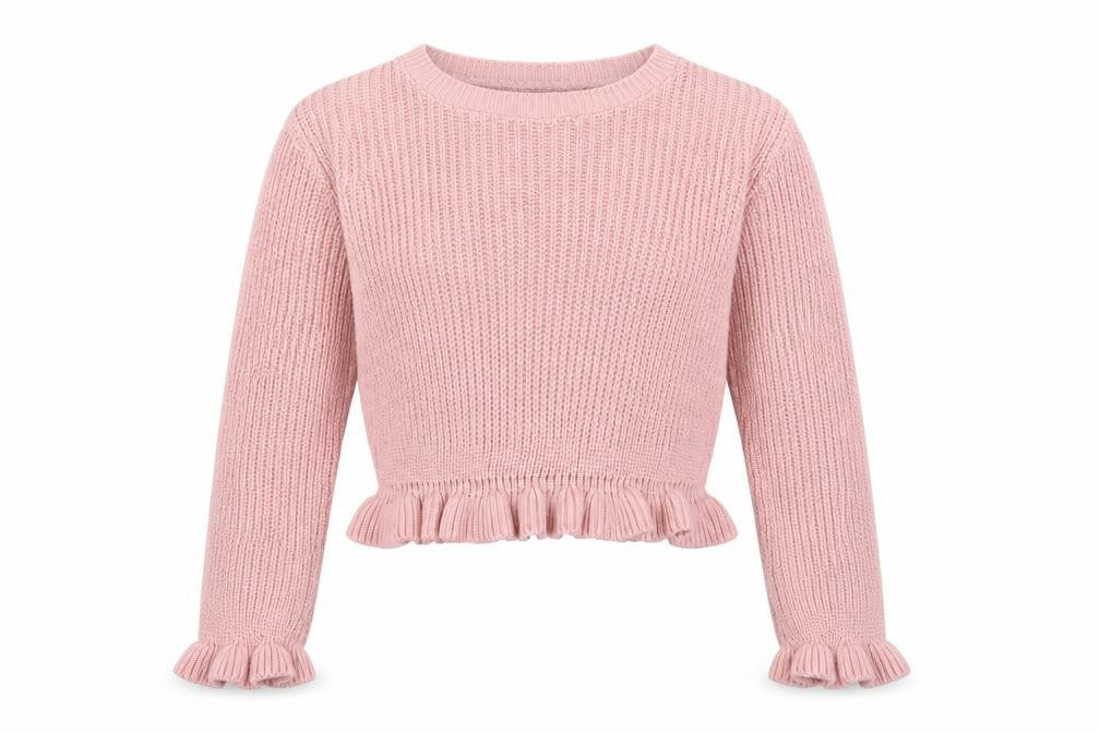 Front view of Select girls’ pink crew neck acrylic jumper, size 14, years