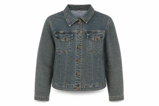Front view of Preworn women’s blue jacket, size UK 8, button
