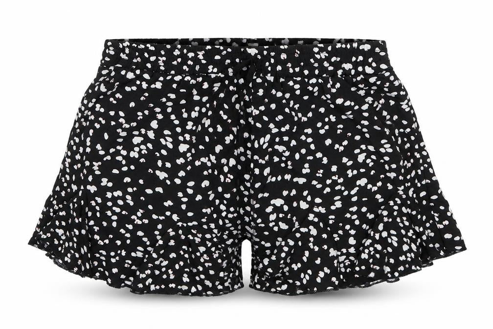 Front view of SHEIN women’s black geometric polyester mom shorts, size M, 3-inch leg regular drawstring
