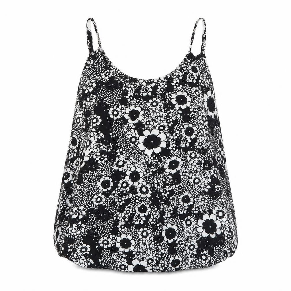 Front view of F&F women’s black floral viscose basic tank, size UK 12, round neck