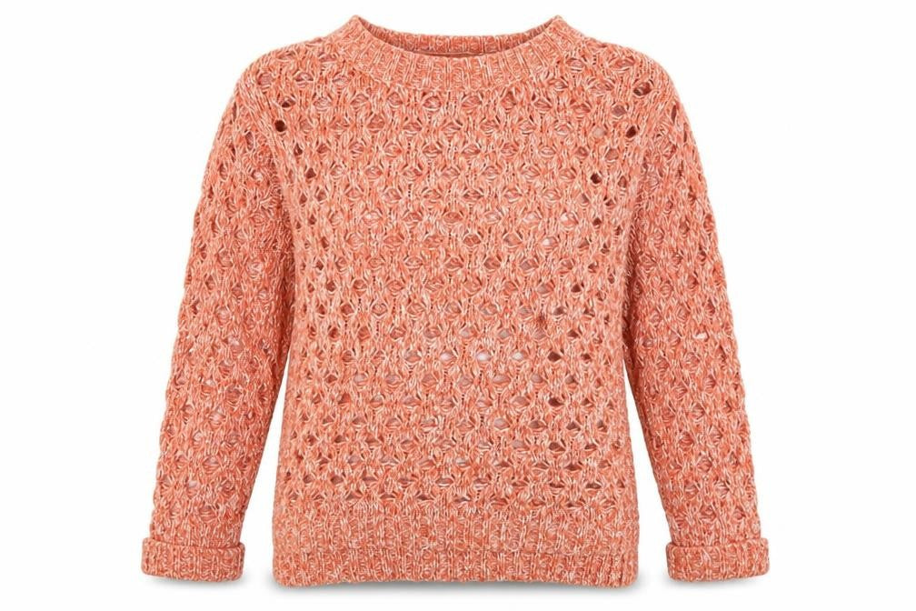 Front view of Atmosphere women’s pink round neck acrylic jumper, size UK 6