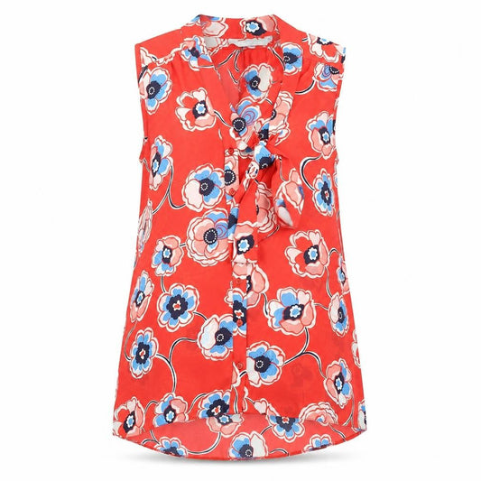 Front view of Red Herring women’s red floral polyester basic button-up, size UK 12, v-neck