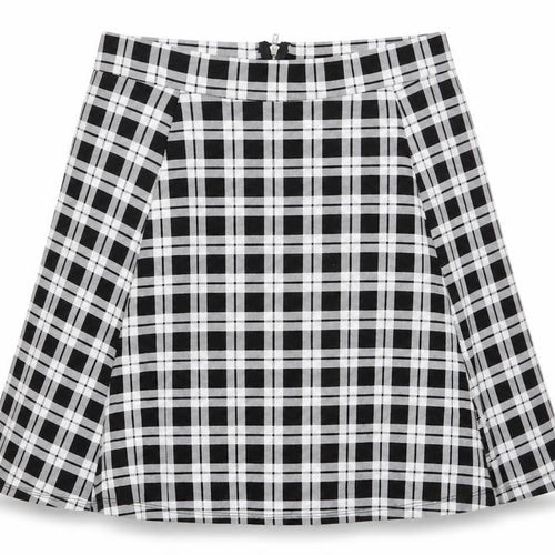 H&M Womens Black Check Viscose A-Line Skirt Size L   Zip