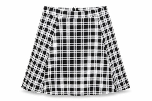 Front view of H&M women’s black check viscose a-line skirt, size L, zip