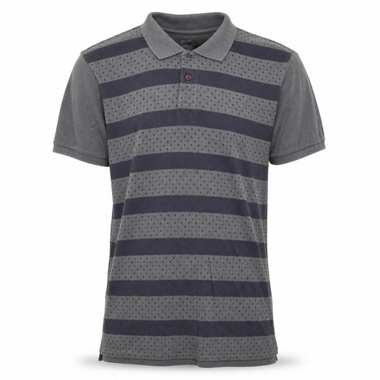 Front view of ASOS men’s grey striped 100% cotton polo, size L, collared button
