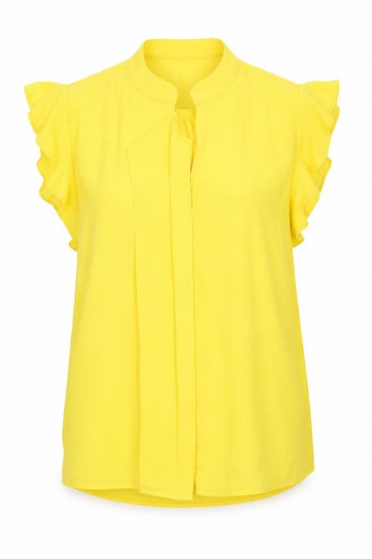 Front view of Oasis women’s yellow polyester basic button-up, size UK 14, roll neck