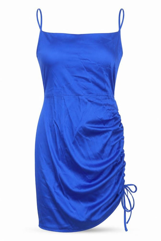 Front view of Naanaa women’s blue polyester bodycon, size UK 12, off the shoulder zip