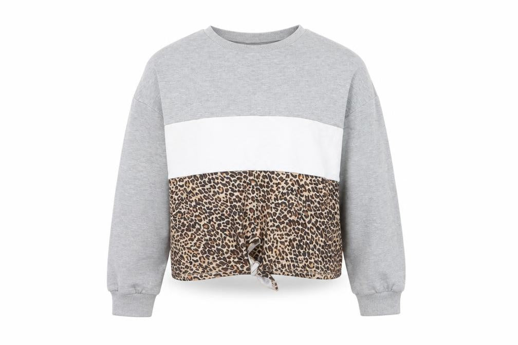 Front view of SHEIN girls’ grey animal print polyester pullover sweatshirt, size 11-12, years pullover