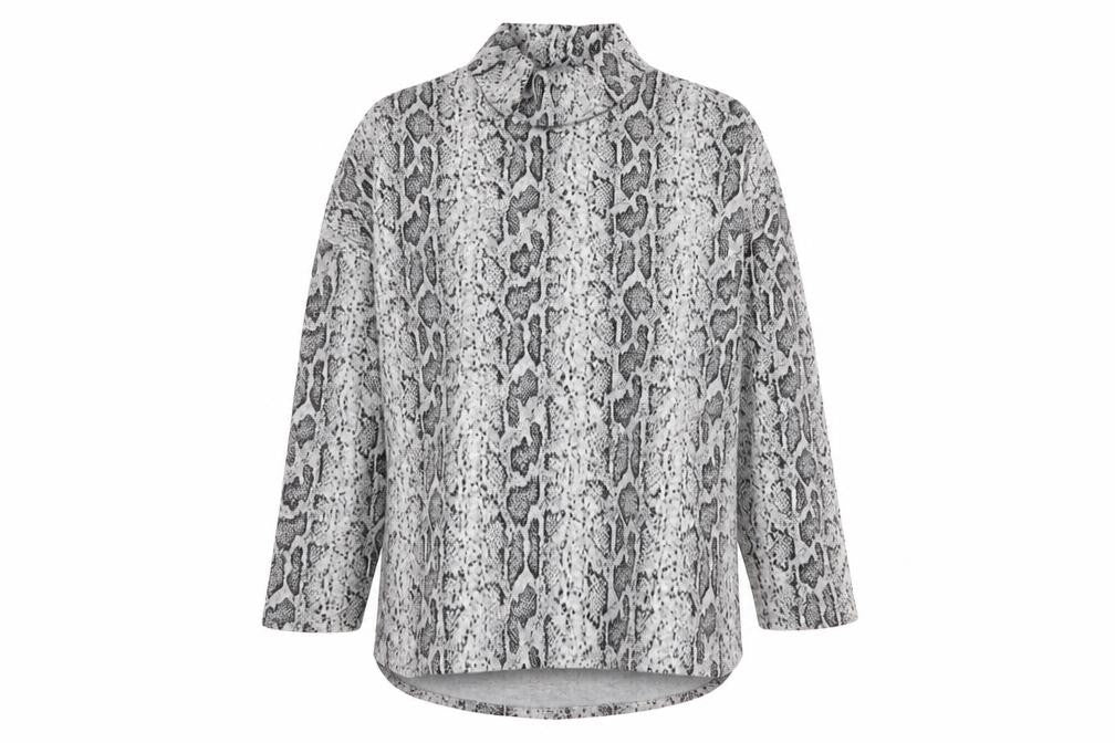 Front view of F&F women’s grey high neck animal print polyester jumper, size UK 16