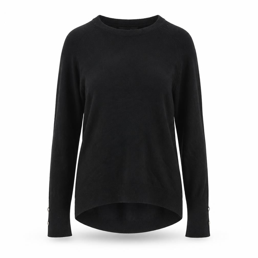 Front view of Primark women’s black round neck acrylic jumper, size UK 4