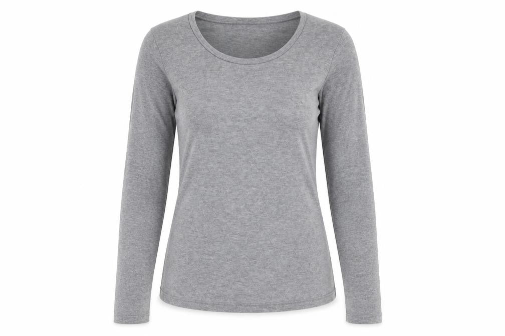 Front view of EAC women’s grey round neck acrylic jumper, size UK 10