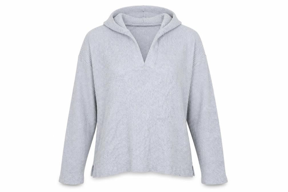 Front view of Gap women’s blue viscose pullover hoodie, size M