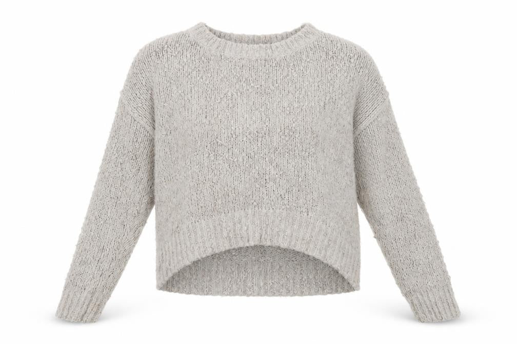 Front view of New Look women’s grey crew neck polyester jumper, size UK 12