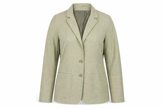 Front view of Preworn women’s green polyester jacket blazer, size UK 12