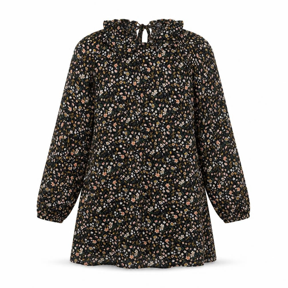 Front view of prmark women’s black floral viscose a-line, size UK 10, collared tie