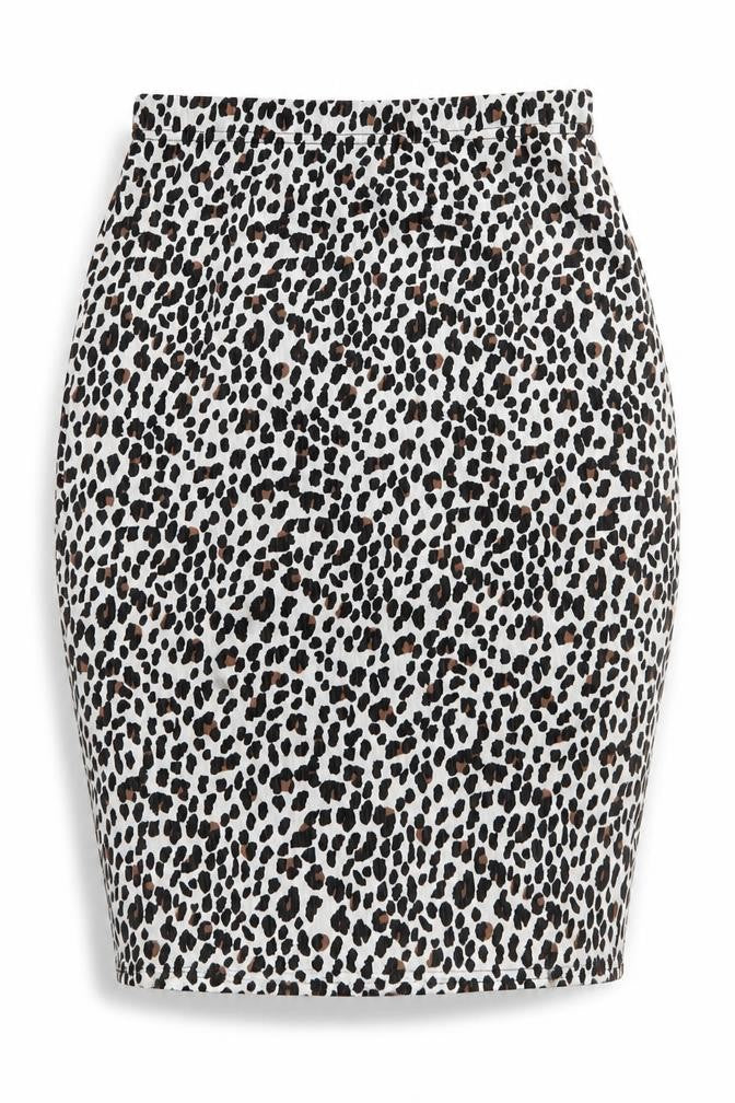 Front view of PRETTYLITTLETHING women’s multicoloured animal print polyester mini skirt, size UK 8