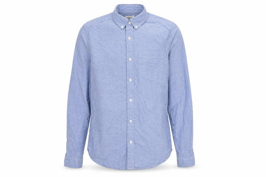 Front view of Next men’s blue cotton button-up, size S, collared button