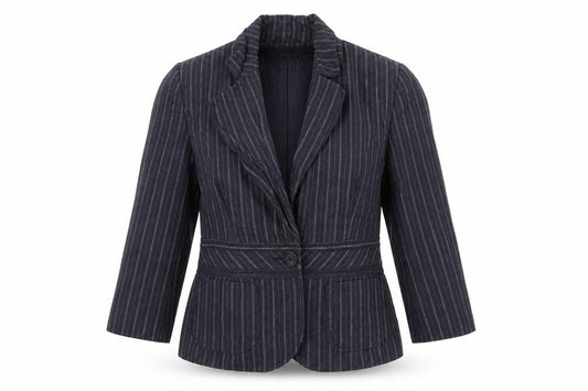 Front view of Next women’s blue striped jacket blazer, size UK 10, button
