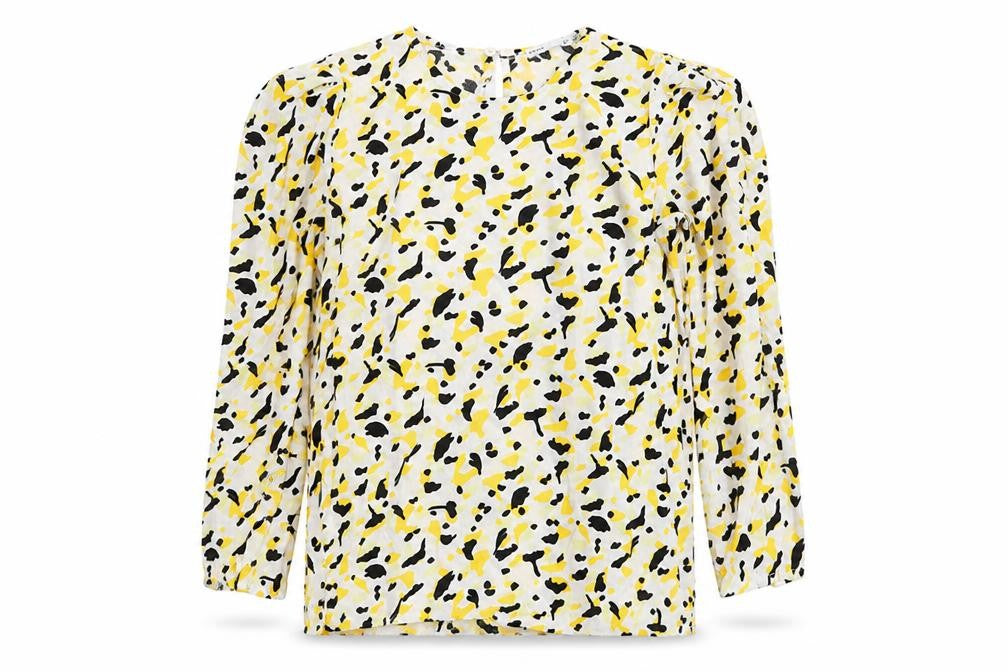 Front view of Lefties women’s yellow animal print viscose basic blouse, size S, round neck