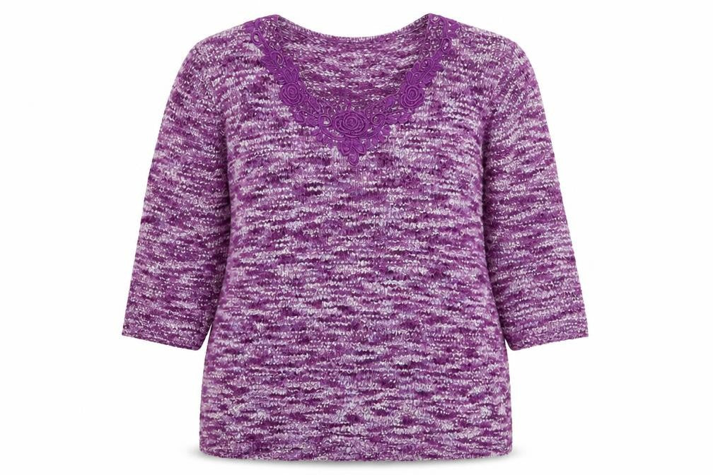 Front view of Bonmarché women’s purple round neck floral polyester jumper, size M