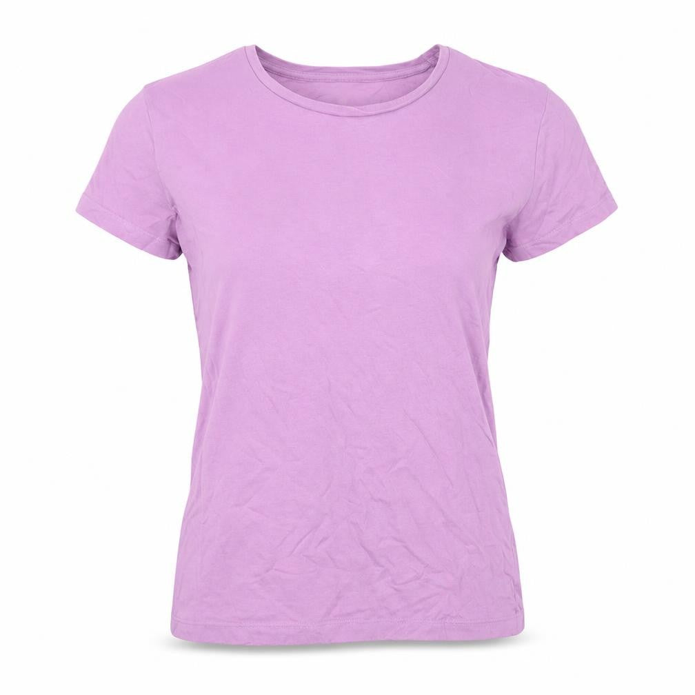 Front view of Dunnes women’s pink cotton basic t-shirt, size UK 6, round neck