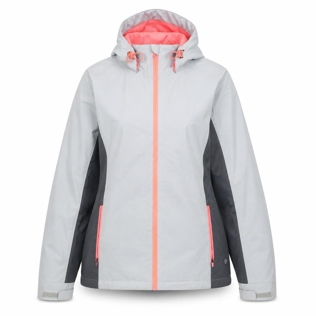 Front view of Dunnes women’s grey rain coat coat, size UK 12