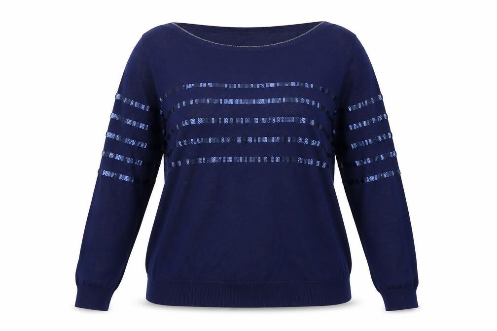 Front view of Jensen women’s blue round neck viscose jumper, size L