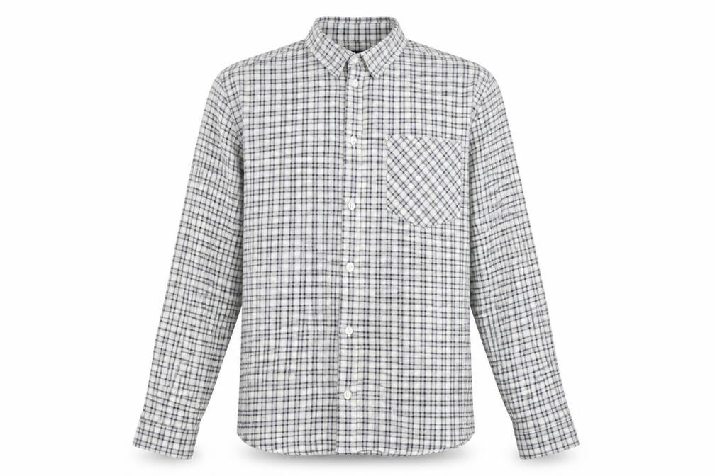Front view of boohooMAN men’s grey plaid cotton button-up, size M, collared button