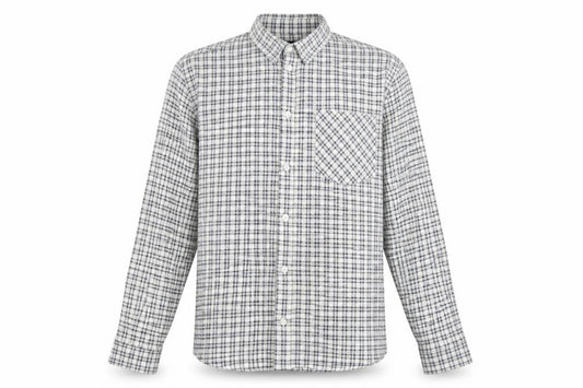 Front view of boohooMAN men’s grey plaid cotton button-up, size M, collared button