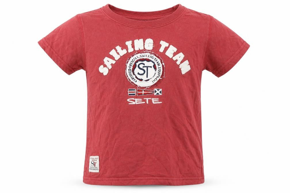 Front view of Sailing Team boys’ red batik 100% cotton basic t-shirt, size 4, years round neck pullover