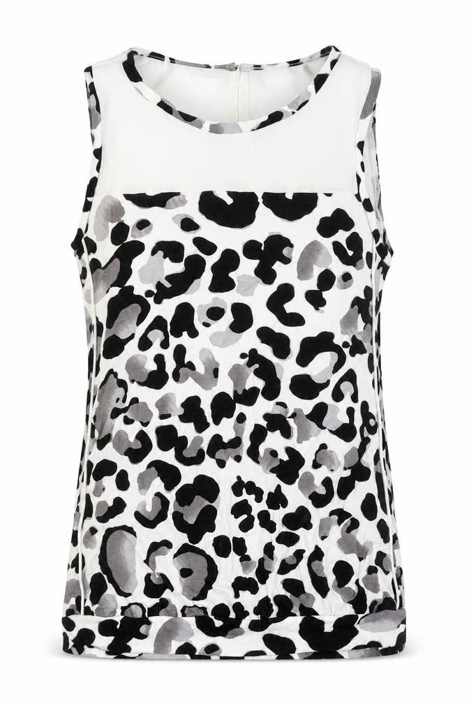 Front view of Next women’s ivory animal print viscose basic polo, size UK 6, round neck